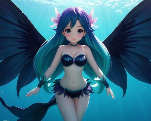 Vibrant Underwater Scene with Whimsical Mermaid