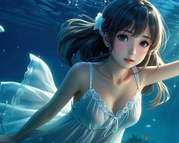 Underwater Scene with a Young Woman and Marine Life