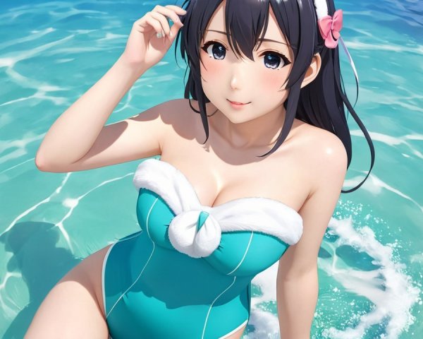 Young woman in turquoise swimsuit by blue pool