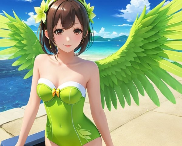Vibrant Beach Character with Butterfly Swimsuit and Wings
