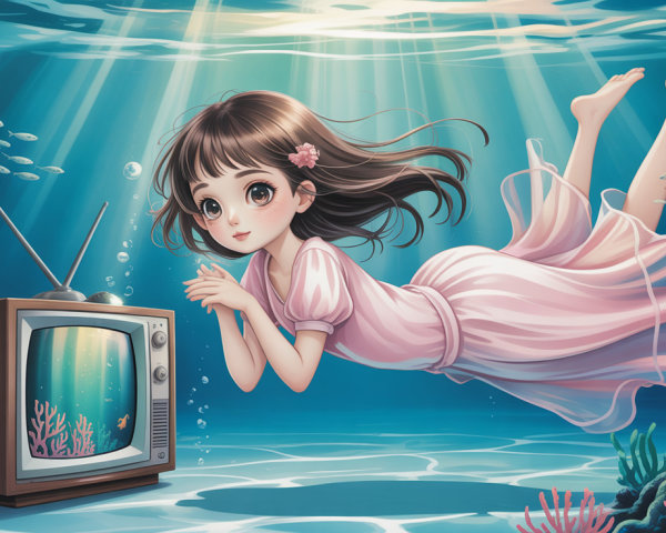 Underwater Scene with Girl and Vintage Television Set