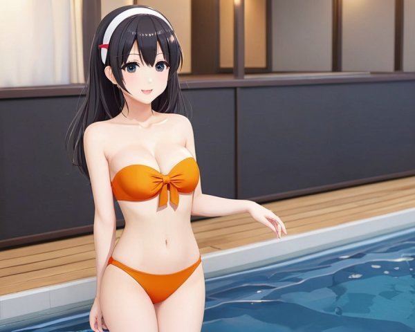 Young woman in orange bikini by modern pool setting