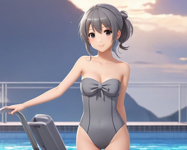 Young girl in grey swimsuit by serene poolside at sunset