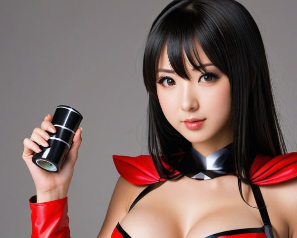 Woman in Red and Black Outfit with Sleek Device