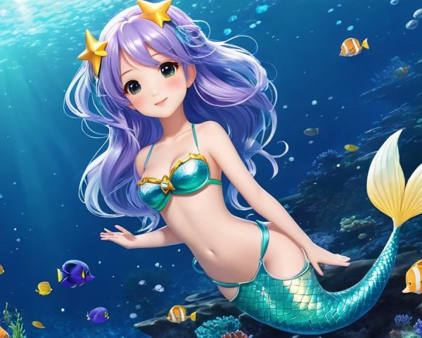 Mermaid with Lavender Hair in Vibrant Underwater Scene