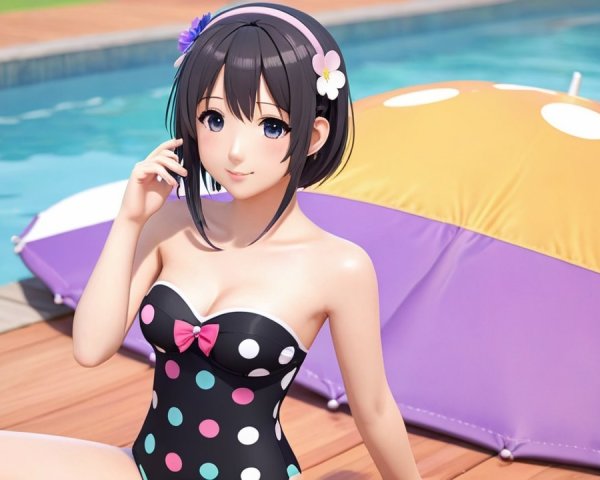 Young woman in polka dot swimsuit by a poolside