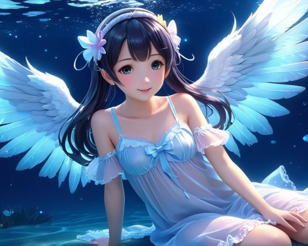 Young woman with angelic wings underwater in blue dress