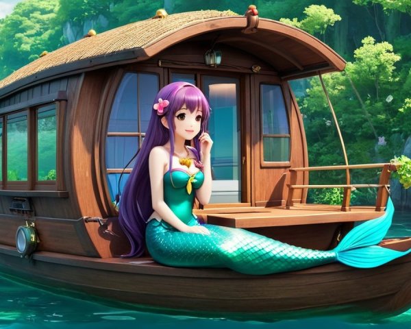 Mermaid with Purple Hair on a Wooden Boat Scene