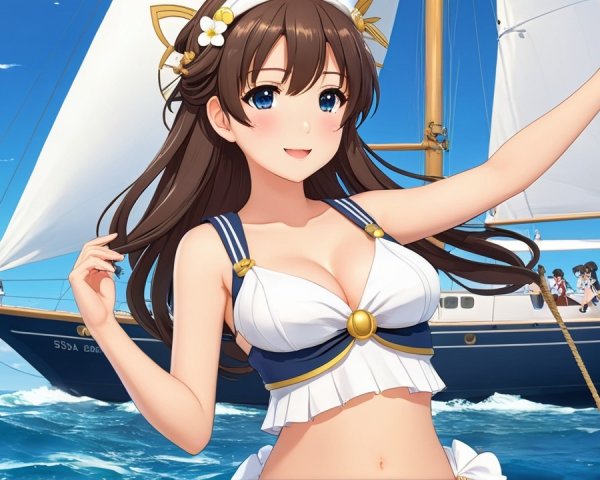 Cheerful young woman on a boat with ocean backdrop