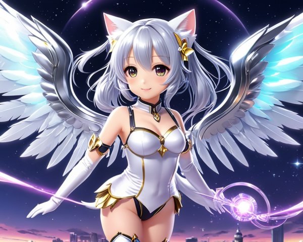 Fantasy Character with Cat Features and Ethereal Wings
