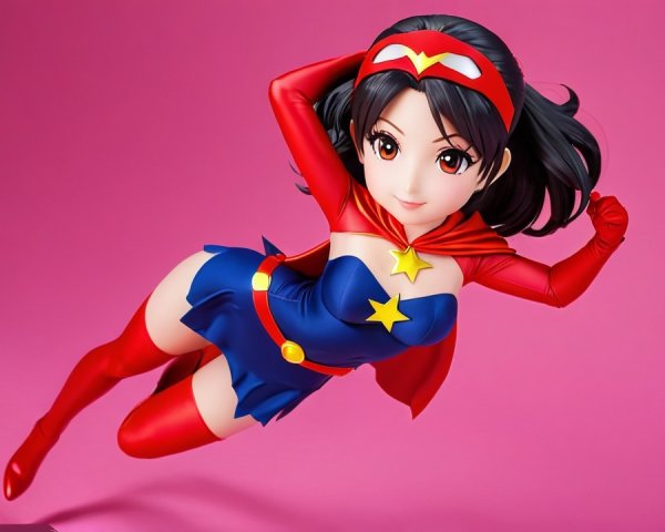 Young superheroine in blue and red costume mid-air