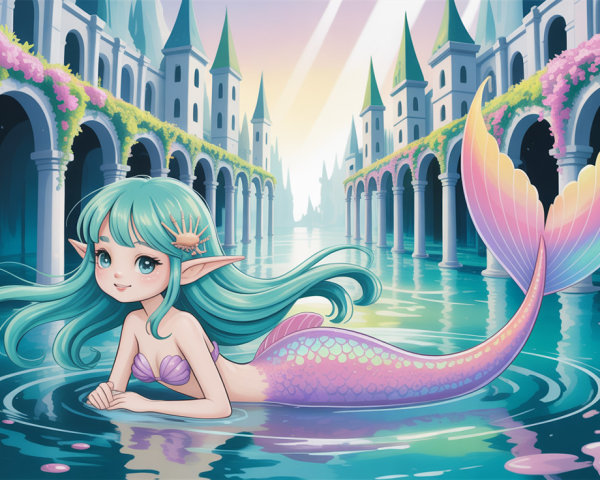 Mermaid in canal with classical buildings and flowers