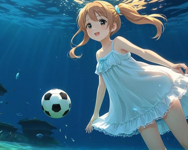 Young girl in white dress playing underwater with fish