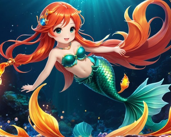 Cheerful mermaid with orange hair in vibrant ocean scene