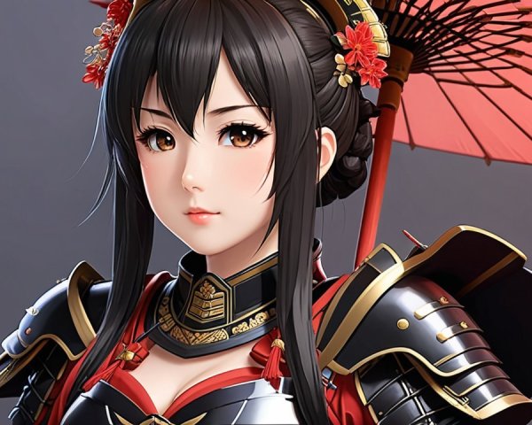 Character in Traditional Japanese Armor with Parasol
