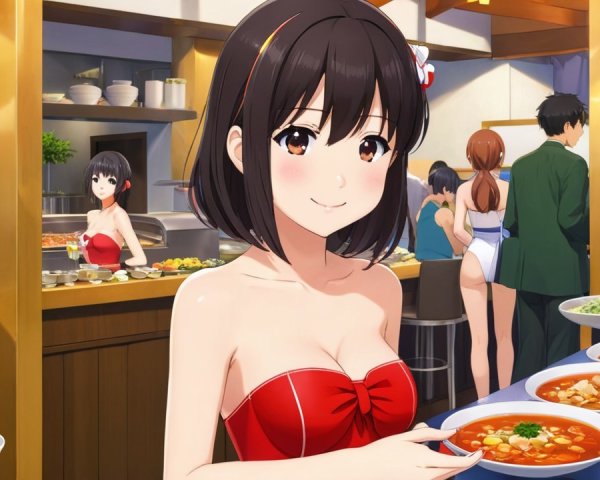 Cheerful Woman in Vibrant Dining Setting with Food