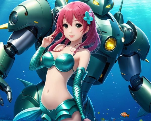 Vibrant Underwater Scene with Girl and Futuristic Robot