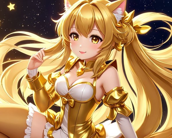 Whimsical Golden-Haired Anime Character in Starry Setting