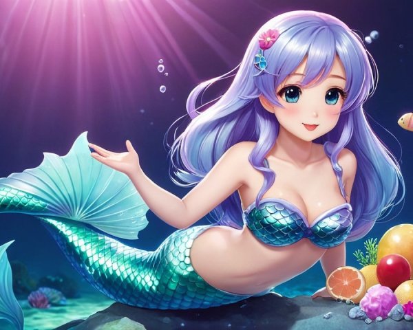 Mermaid with Lavender Hair in Vibrant Underwater Scene