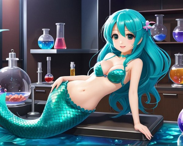 Vibrant Anime-Style Mermaid in a Science Lab Setting