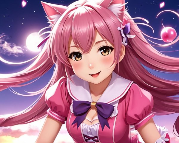 Vibrant Anime Character with Pink Hair and Cat Ears