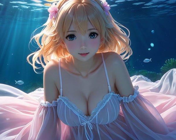 Underwater Scene with Young Woman in Pink Dress