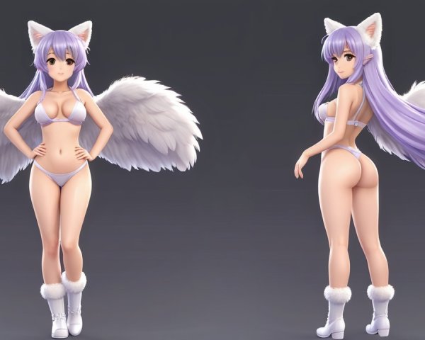 Stylized character with lavender hair and fluffy wings