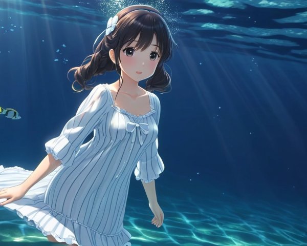 Underwater Scene with Girl in White Dress and Fish