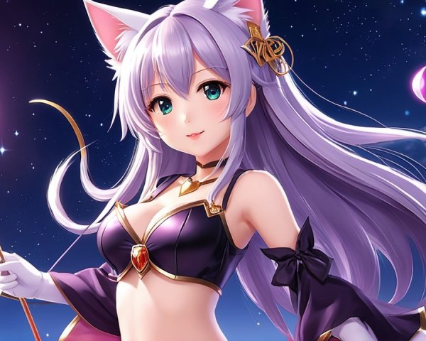 Mystical character with cat ears and lavender hair