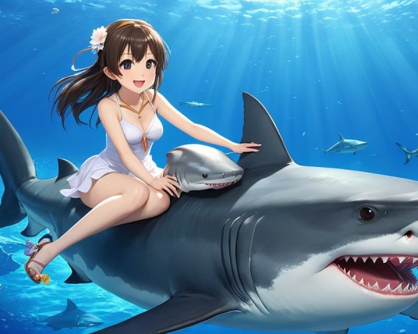 Girl in White Dress Riding Shark Underwater Scene