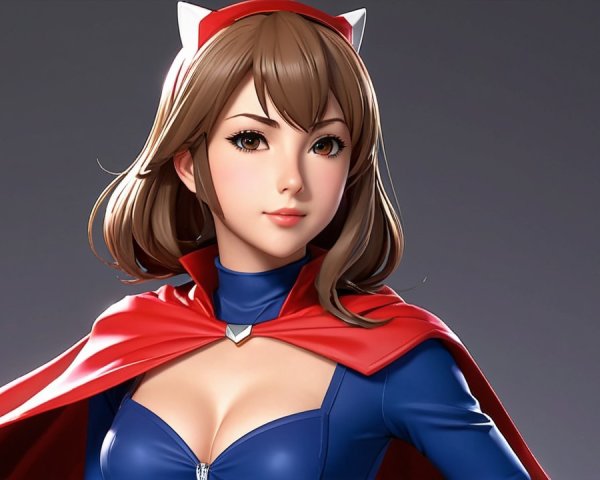 Stylized female character in blue outfit and red cape