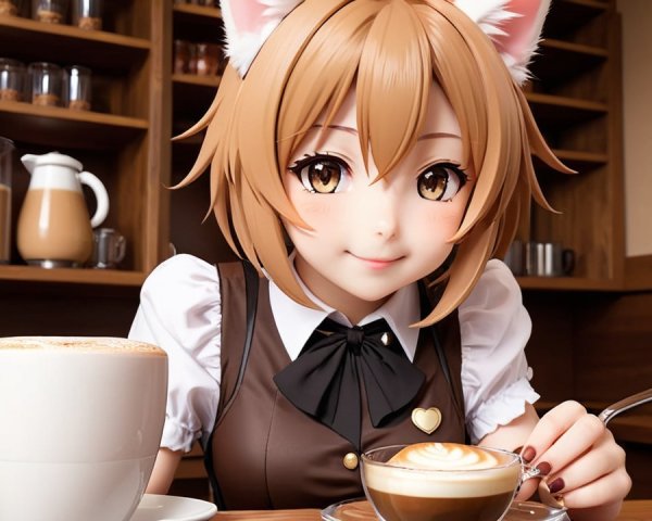 Anime Character at Café with Latte and Cozy Decor