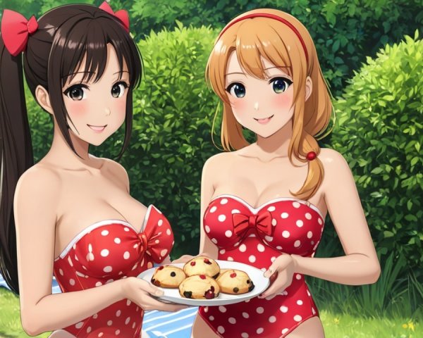 Animated Characters in Polka Dot Swimsuits with Treats