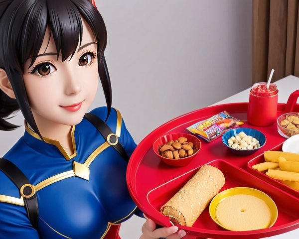 Character with Long Black Hair and Snack Tray