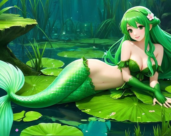 Vibrant Mermaid on Lily Pad in Serene Pond