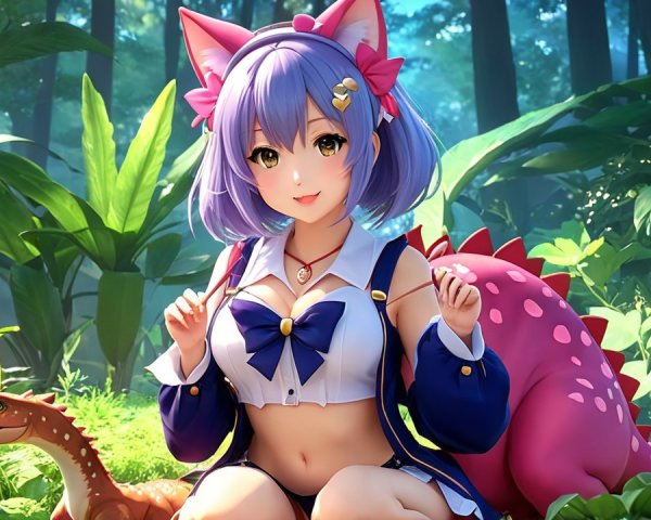 Cute anime character with lavender hair in forest