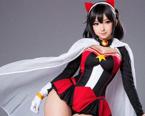 Character in Red and Black Costume with Cape and Cat Ears