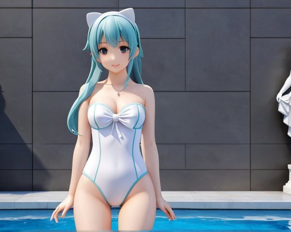 Stylized Character by Pool in White Swimsuit