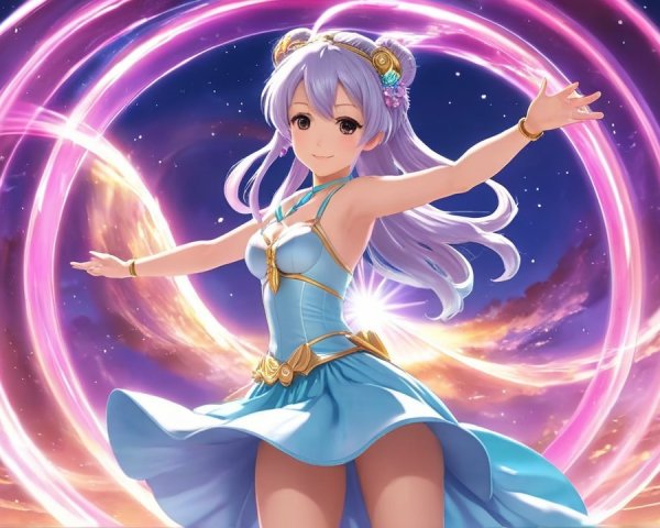 Magical girl in blue dress with swirling energy backdrop