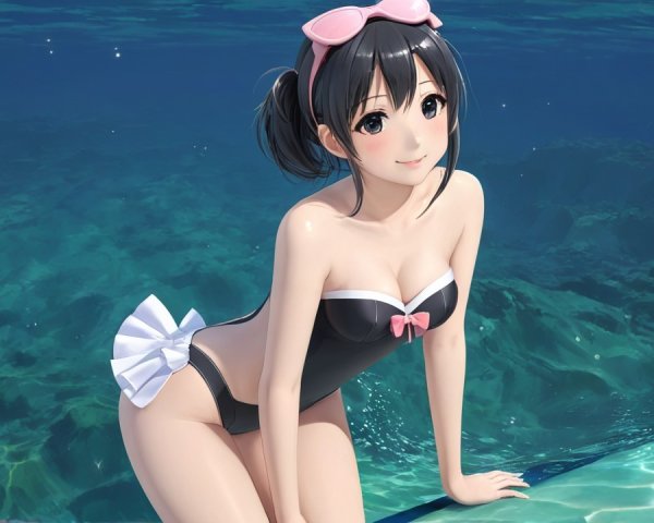 Young woman in stylish black swimsuit by the pool