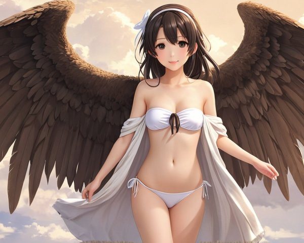 Serene figure with dark wings in a heavenly backdrop