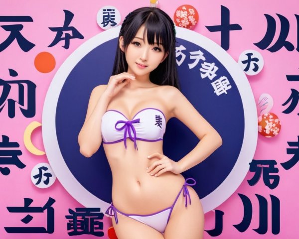 Young Woman in Floral Bikini Against Pink Background