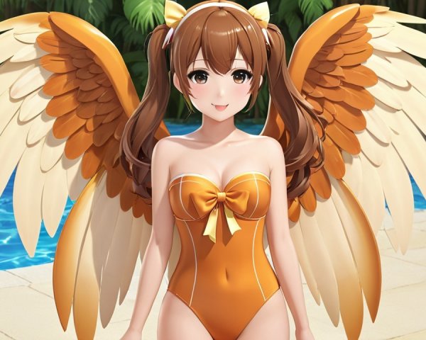 Cheerful anime character by sparkling pool with wings