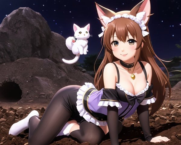 Anime Character with Cat Ears in Night Setting