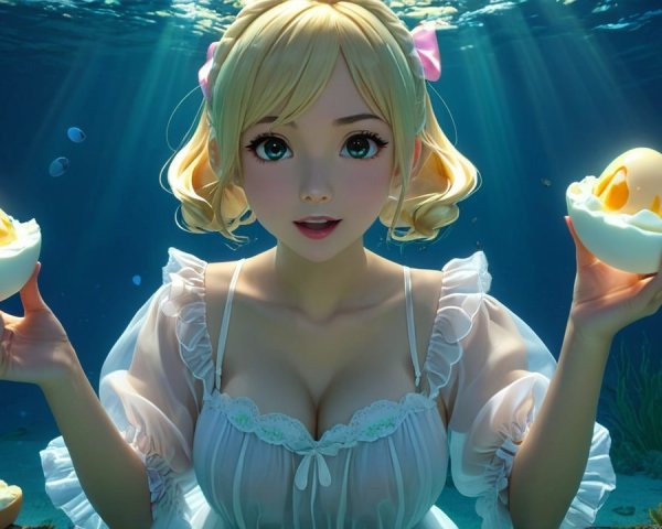Whimsical Underwater Scene with Young Woman and Coral