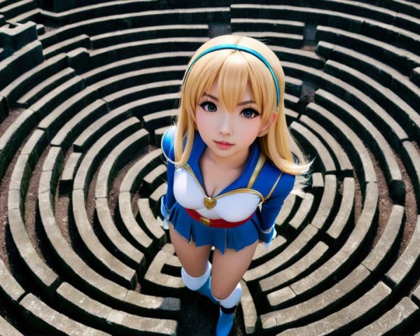 Young Woman in Blue Outfit in Stone Labyrinth