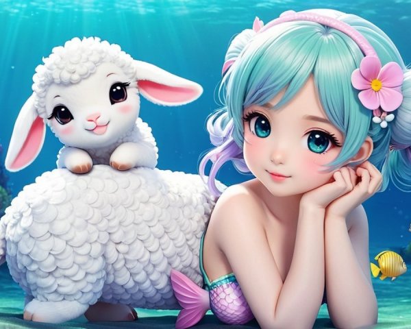 Whimsical Underwater Scene with Mermaid and Sheep