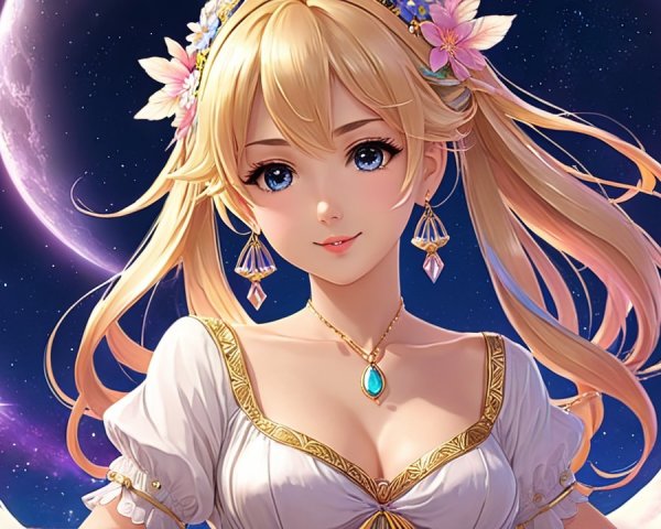 Ethereal figure in white dress against starry night sky