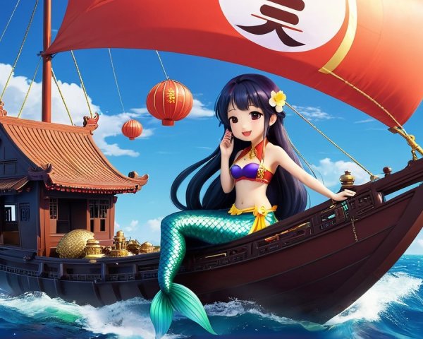 Stylized Ship and Mermaid in Bright Blue Waters