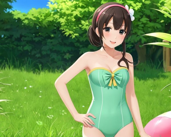 Cheerful anime character in mint-green swimsuit outdoors